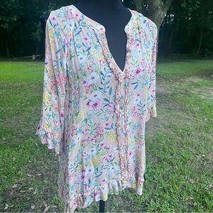 DEMOCRACY COLD SHOULDER PINK CREPEY FLORAL PRINT NOTCH NECK SOLIT HEM RUFFLE